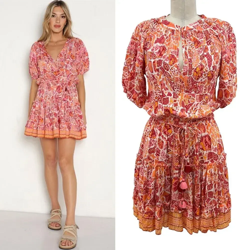 Poupette St.‎ Barth Mini Bona V Red Chagal Printed Pink Orange Dress Size Small - Image 2