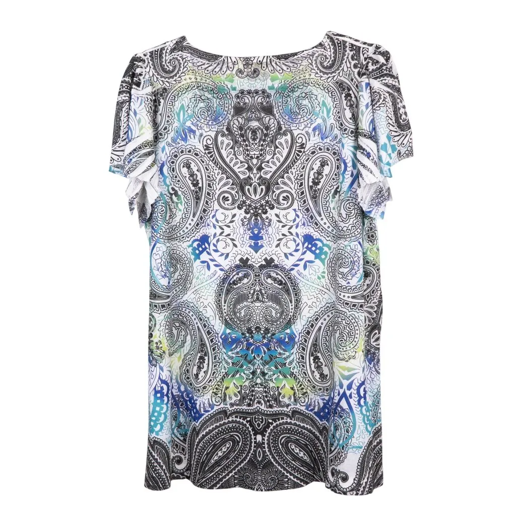 Energie Shirt L Womens NEW Paisley Short Sleeve Black Green Blue Gems Spring - Image 6