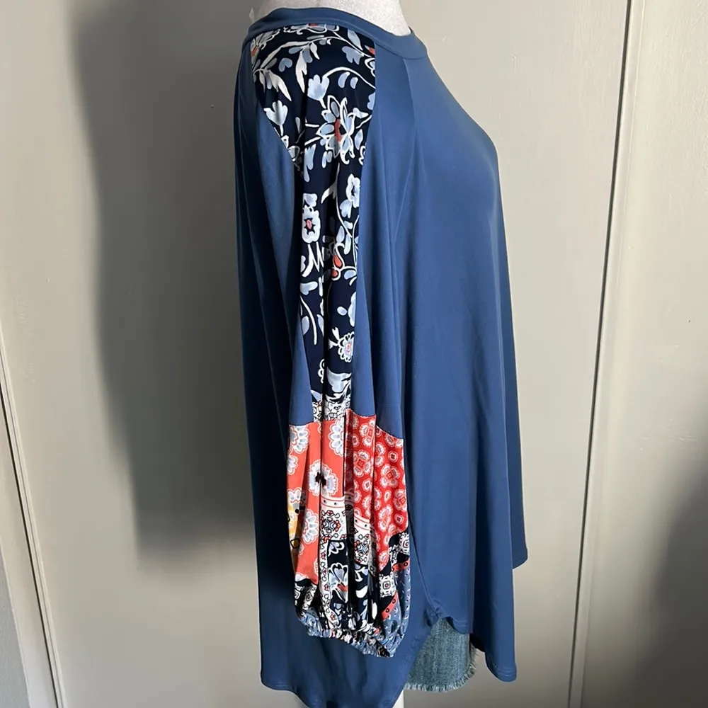 New Boho Balloon Sleeve Color Block Patchwork Jersey Knit Top Long Sleeve Blouse Blue Size L - Image 3