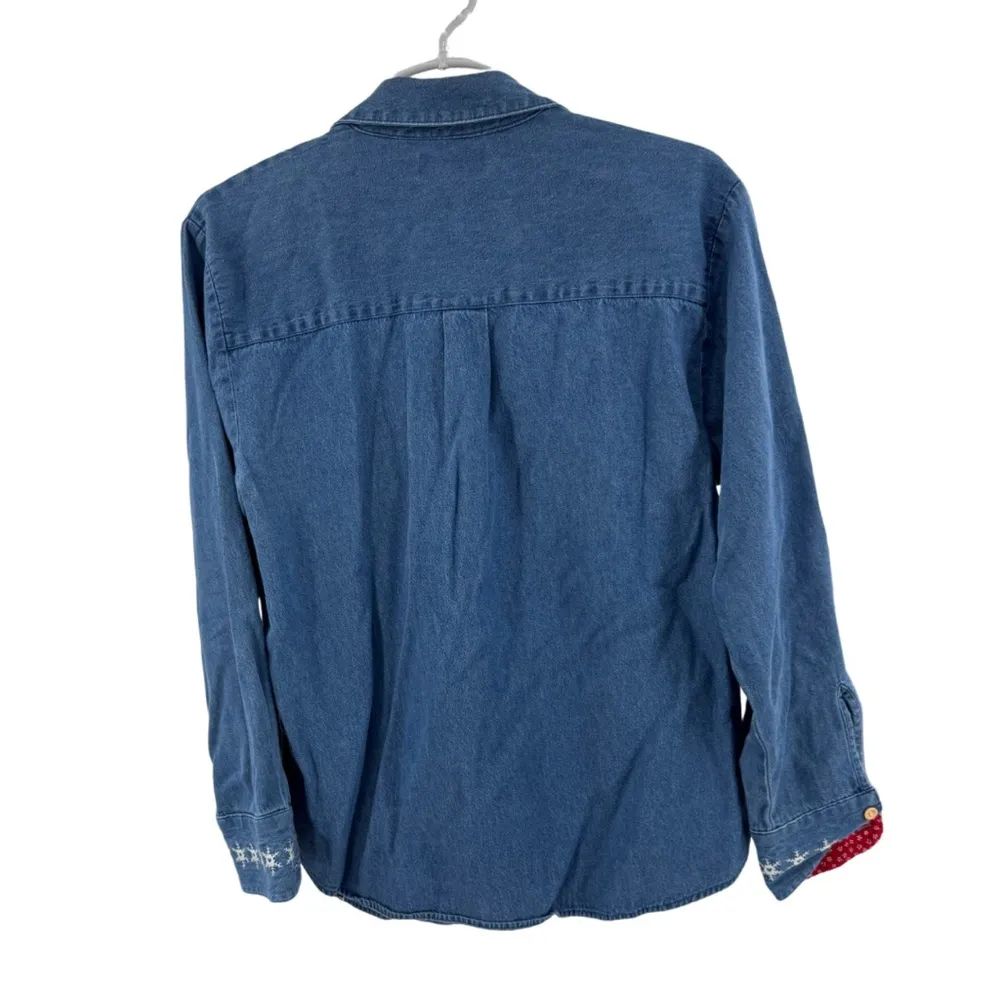 Karen Scott Blue Denim shirt winter scene snowman reindeer holiday M embroidered - Image 2