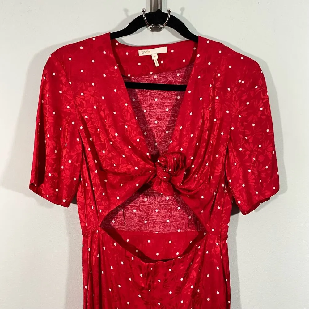 Maje Women's Red Polka Dot Textured Floral Tie Front Cutout Midi Dress Size 36 - Image 3