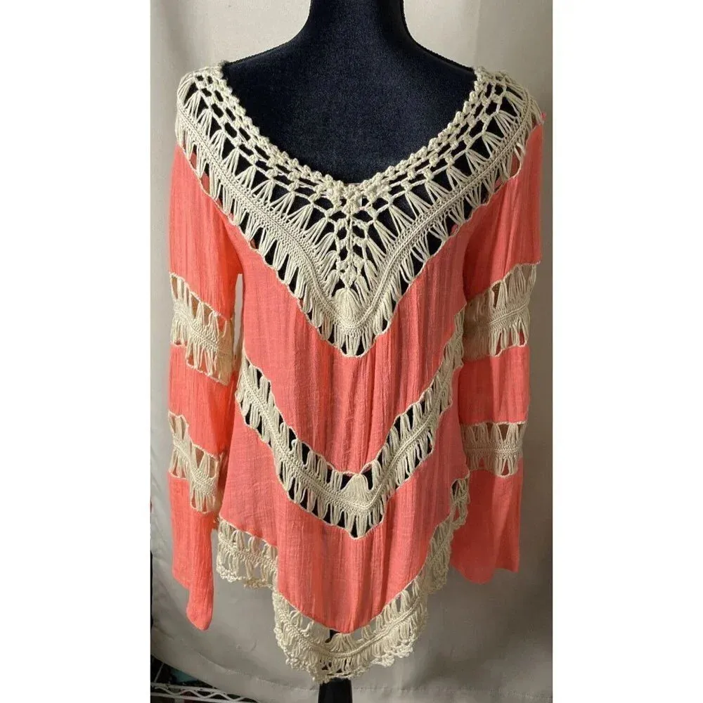 UMGEE Womens Coral Crochet Hollow Out Asymmetrical Hem Long Sleeve Small Boho‎ - Image 2
