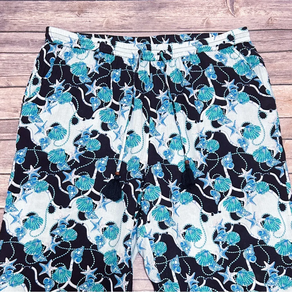 Talbots Seashell Straight Leg Crinkled Woven Beach Pants Blue Green Large Cotton - Image 2