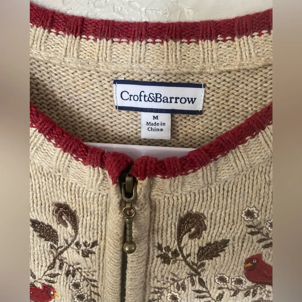 Croft & Barrow Womens Embroidered Bird & Floral Zip Cardigan Sweater L Tan - Image 2
