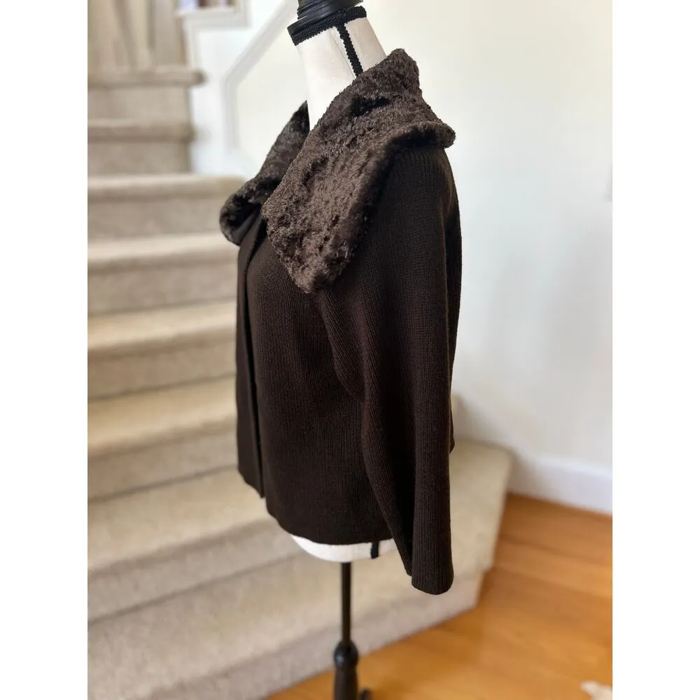 Vintage Y2K Nine West Brown Wool Knit Faux Fur Collar Long Sleeve Cardigan - Image 3