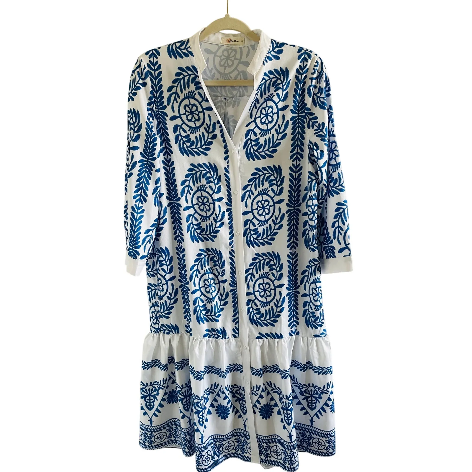 Blue White Print Ruffle Midi Button Front Dress Size Small - Image 2