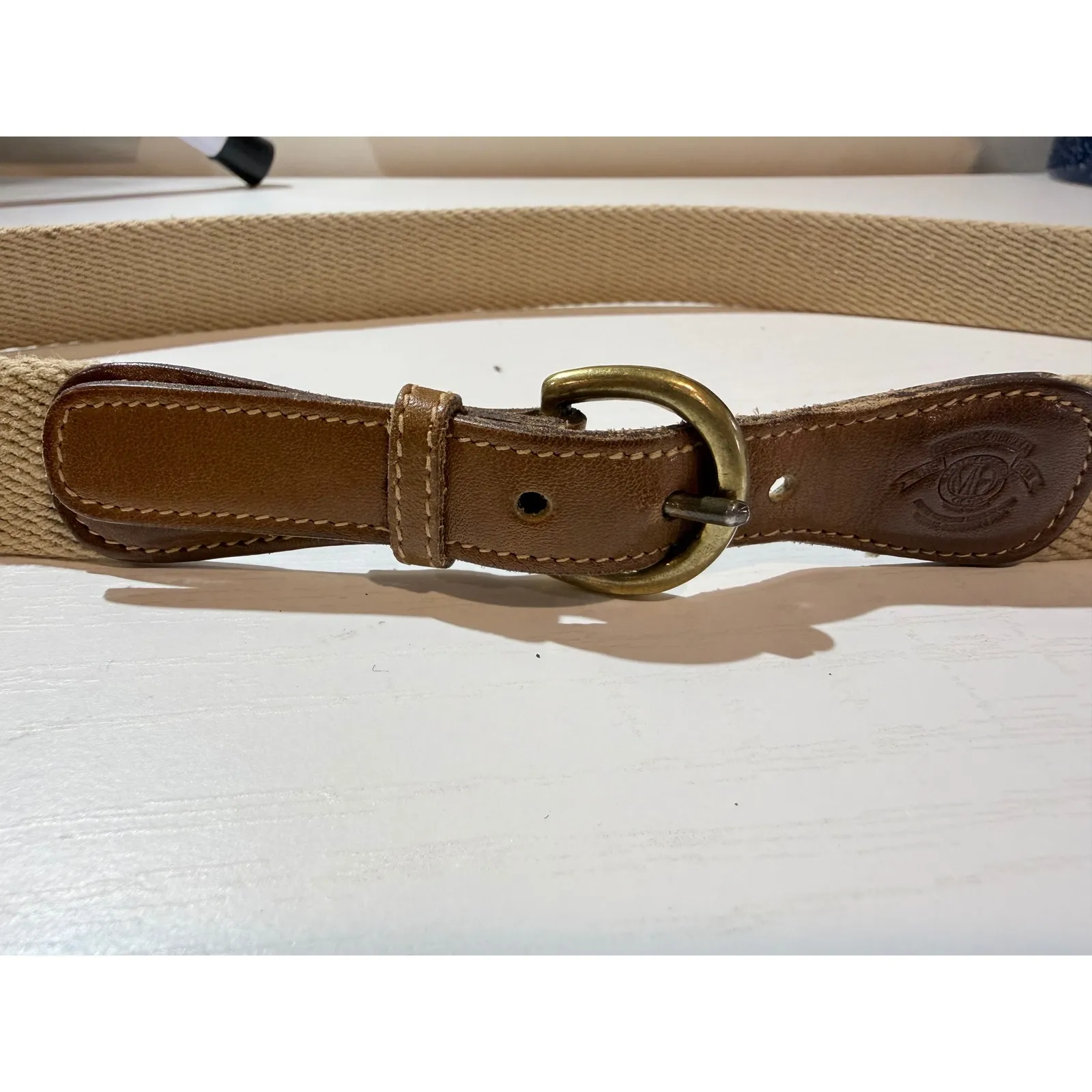 Original Hurray Womens Canvas Belt – Size 32 Tan Leather Trim Brass - Image 2