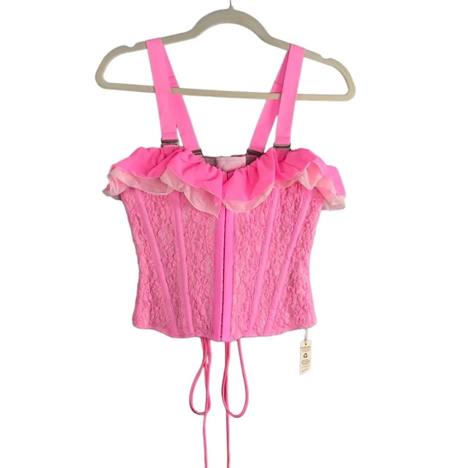 HAH x FREE PEOPLE Lace Corset Top Women M Rose Fairy Regencycore Boho Barbie NWT Pink Size M - Image 5