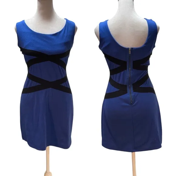 Blue with Black Crossed Stripes Sleeveless Zip Back Dress Small - Image 2