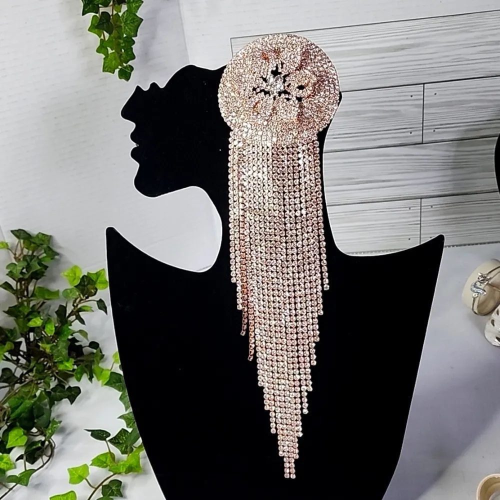 Large Statement Petal Flower Brooch Pin Rose Gold Rhinestone Fringe New - Image 2