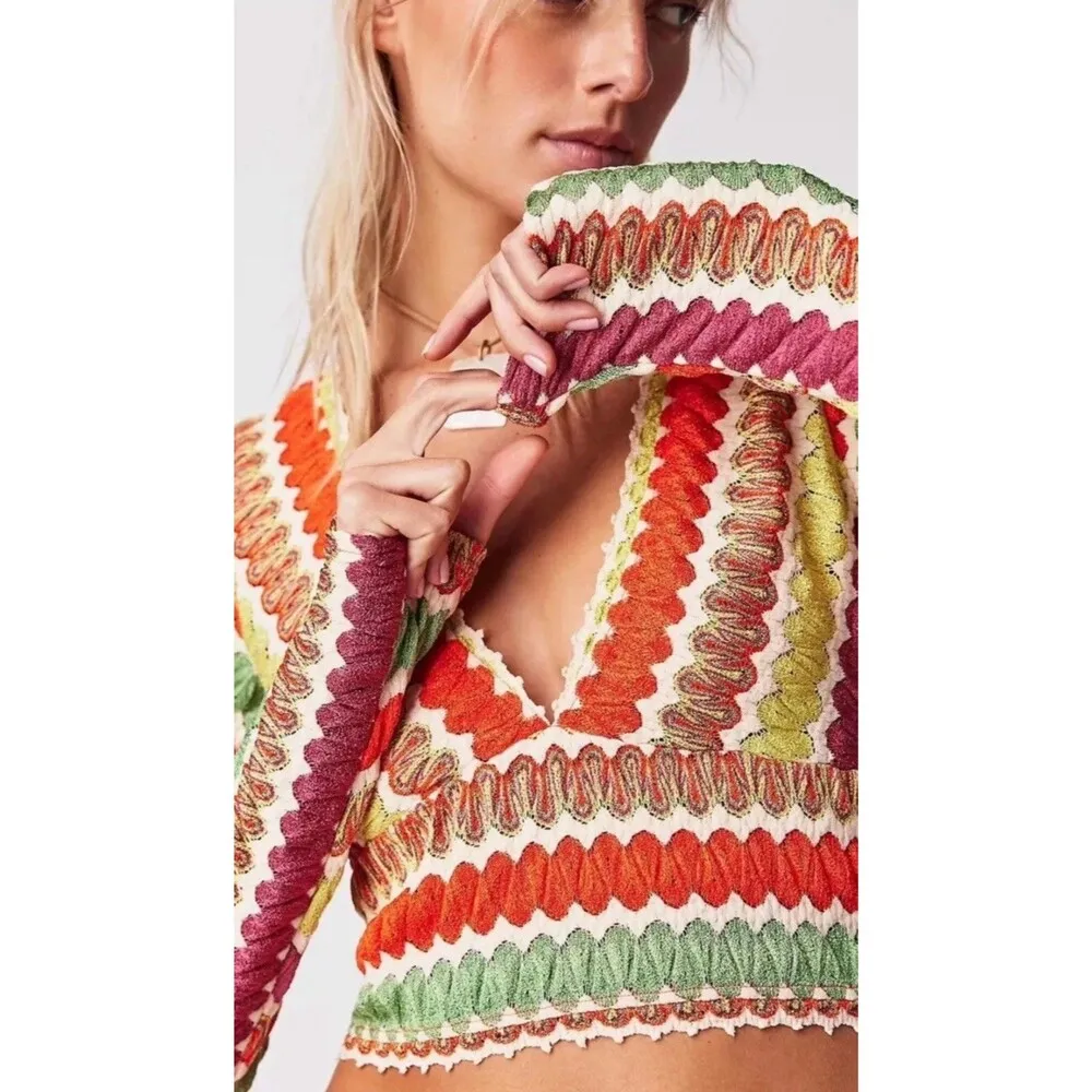 Free People Twist And Shout Crop Top Large Boho Crochet Scallop Festival Hippie - Image 2