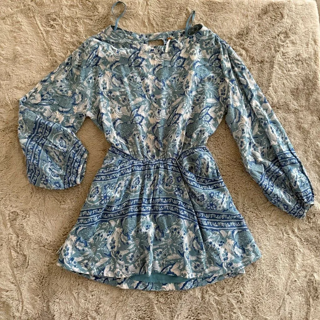 Free People‎ Washed Blue Silver Sun Floral Blouson Open Back Dress Sz S Summer - Image 3