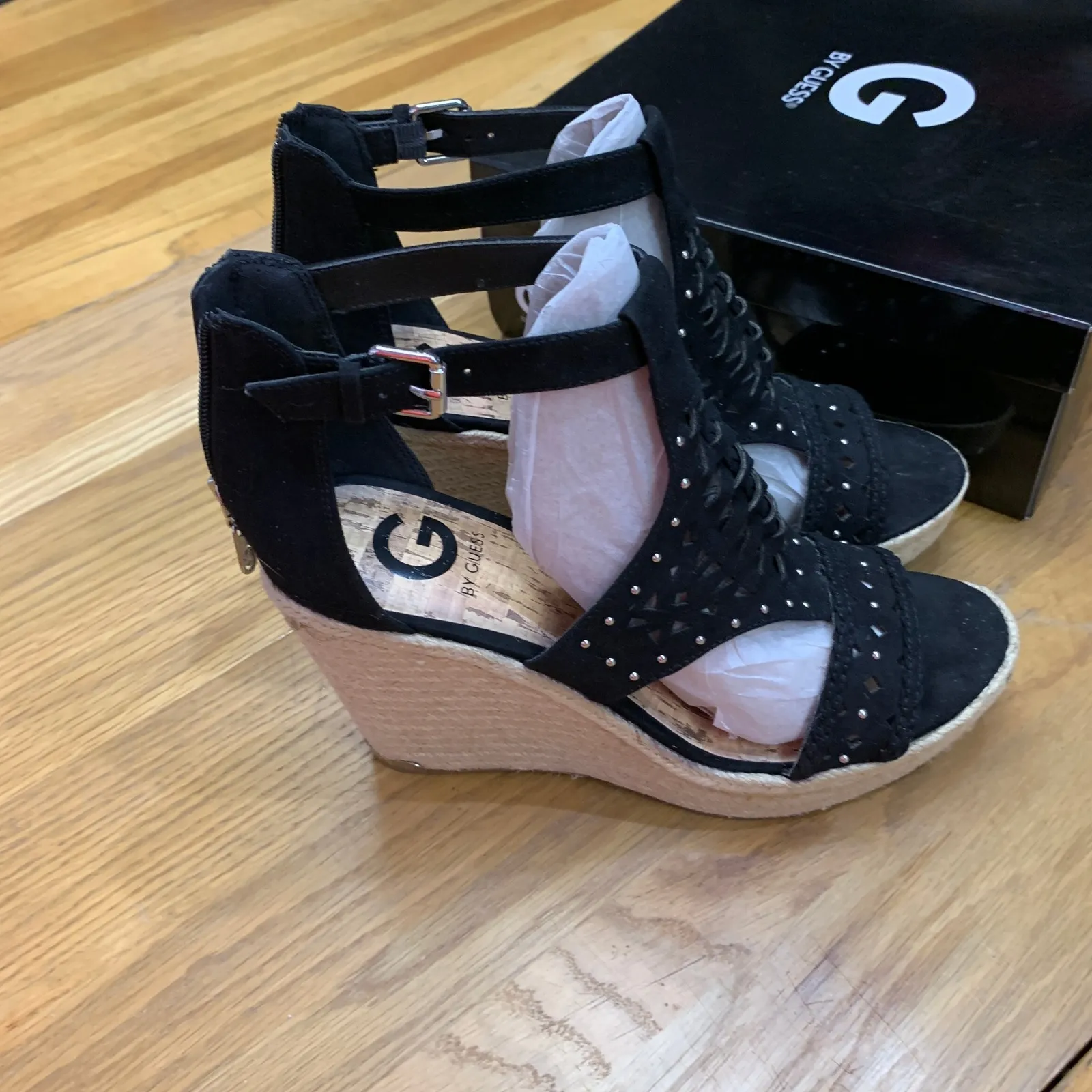Guess Makayla Black Suede Studded Espadrille Wedge Sandals Women's Size 10M NWT - Image 3