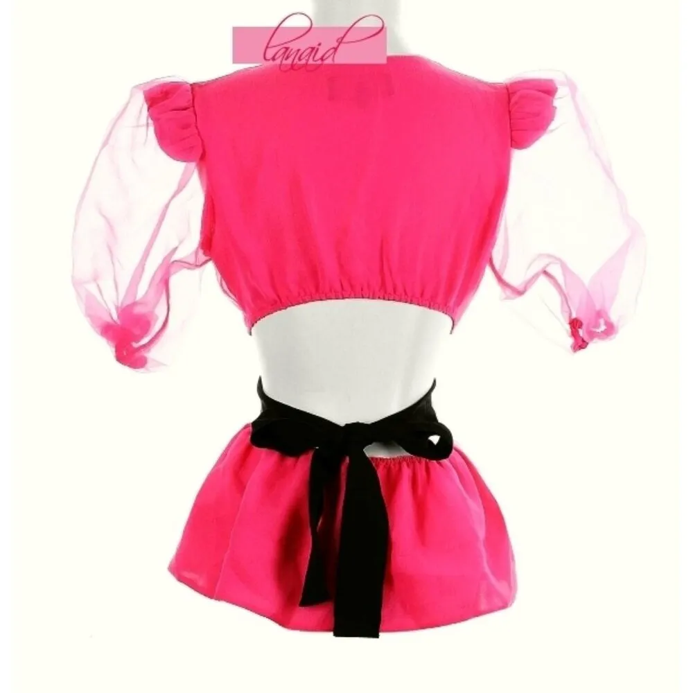 Grace Organza Top Pink Black Open Cutout Back Puff Sleeve Peplum - Image 6