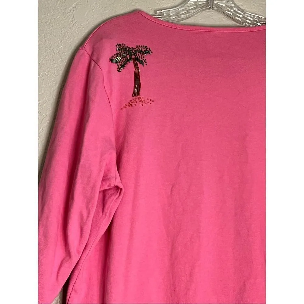 Quacker Factory Pink Beaded Embellished Palm Tree Bathing Suit Detail Shirt L - Image 4