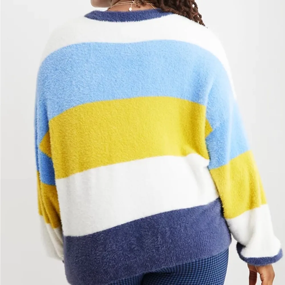 Aerie Flurry Soft Fuzzy Long Sleeve Striped Colorblock Pullover Sweater Sz L NEW - Image 2