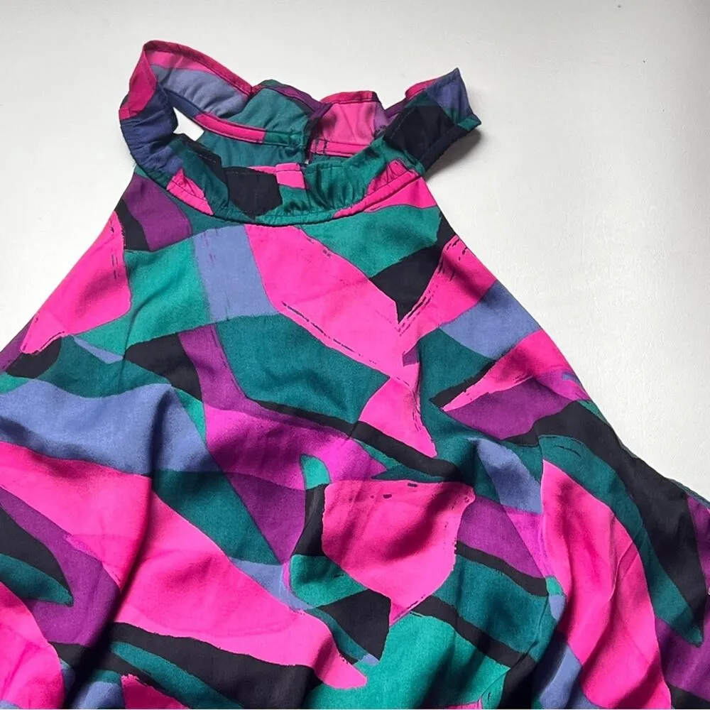 Nine West Women’s High Neck Floral Prism Elastic Waist Peplum Style Blouse Sz L - Image 4