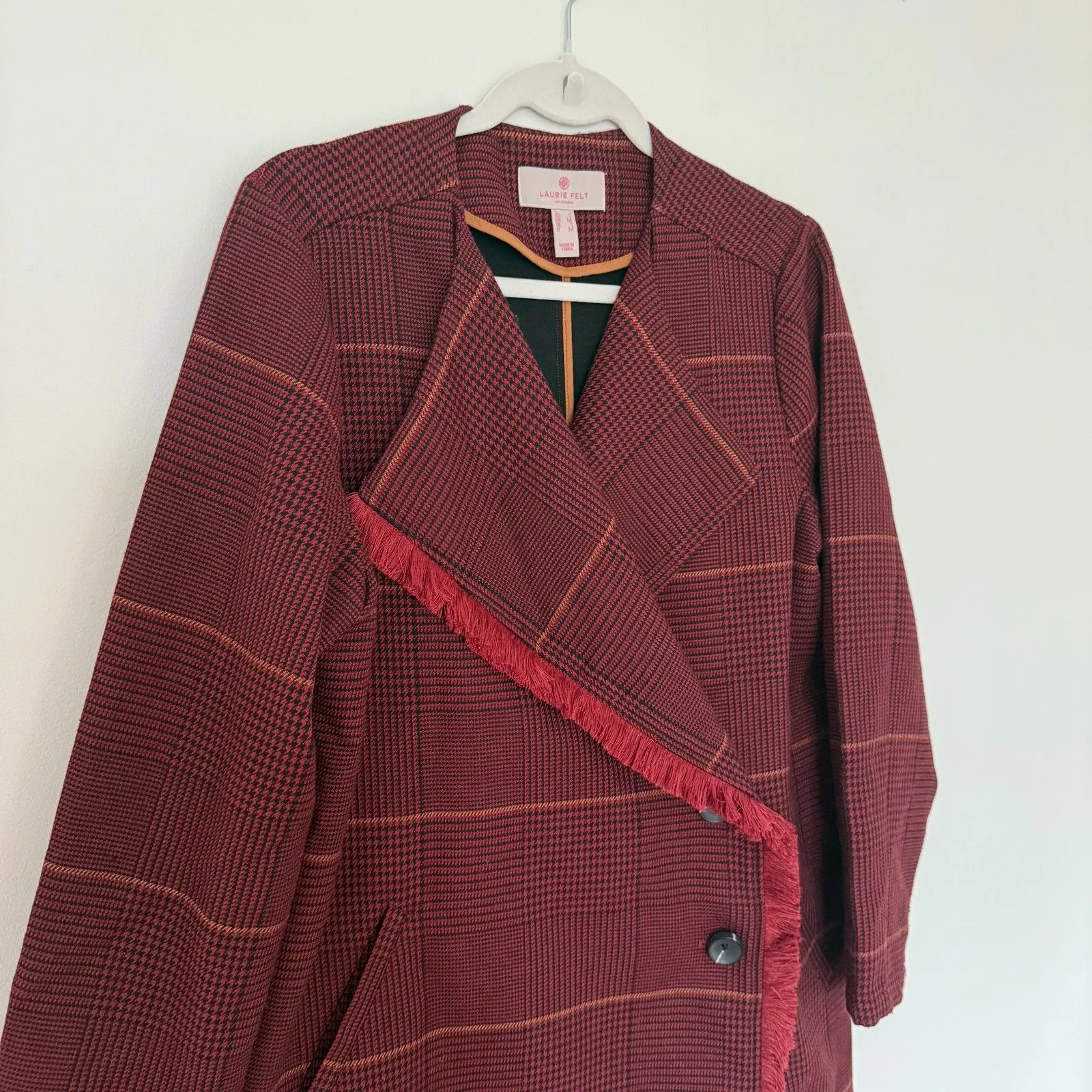 Laurie Felt Zoe Plaid Knit Fringe Trim Button Front Wrap Clueless Preppy Coat S Red - Image 9