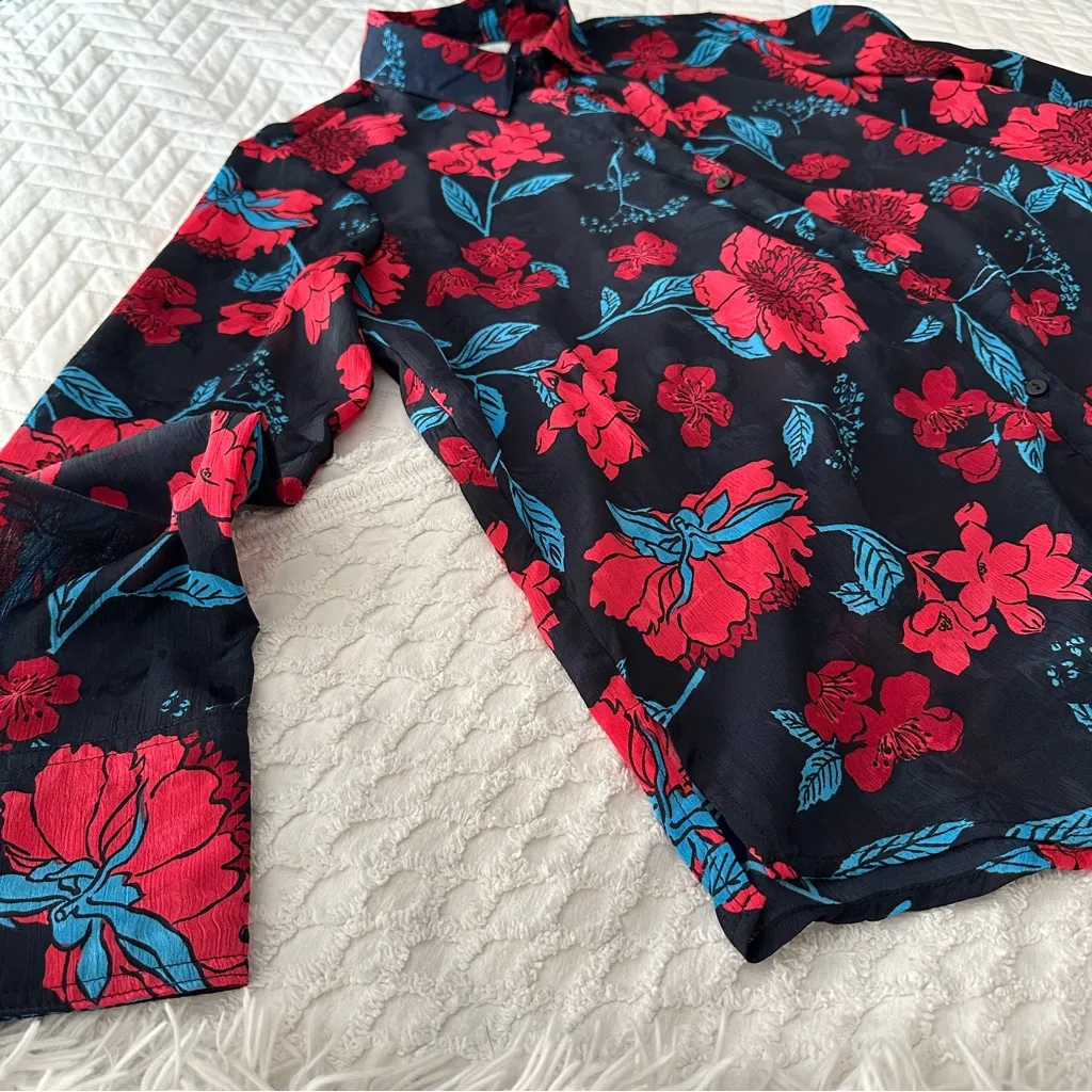 Zara Z1975 Semi-Sheer Maximalist Black Red Blue Bold Floral Blouse Size M - Image 10