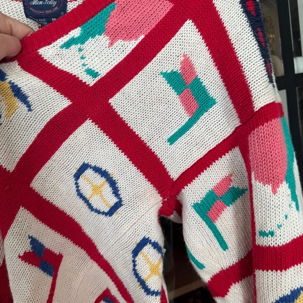 Vintage 80s nautical knit cardigan Allen Solly Sweater Boats Plane patchwork Red Size M - Image 6