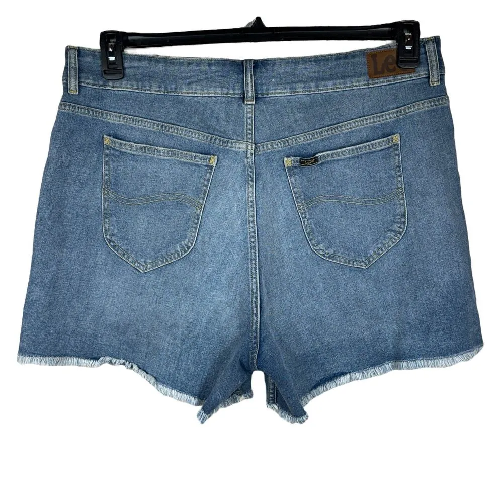 Lee SZ 16W Heritage Jean Shorts High-Rise Stretch Frayed Hems Slits Zip-Fly Blue - Image 4