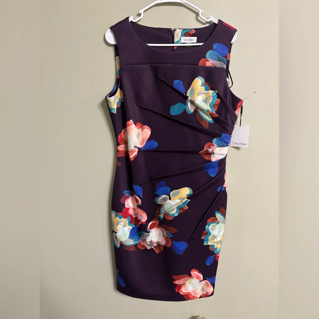 Calvin Klein Scuba Floral Printed Asymmetrical Ruching Sheath Dress Size 12 New - Image 2