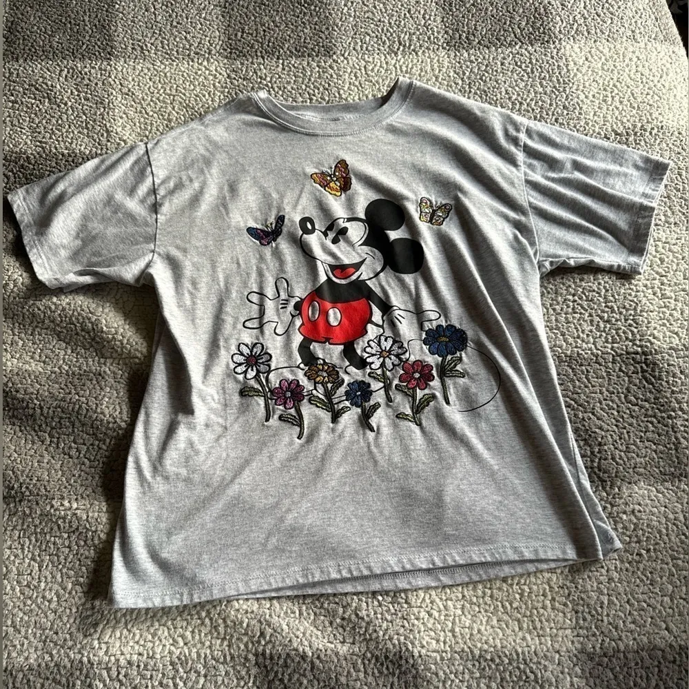 Disney Large Gray Mickey Mouse Embroidered Flowers and Butterflies T-Shirt - Image 2