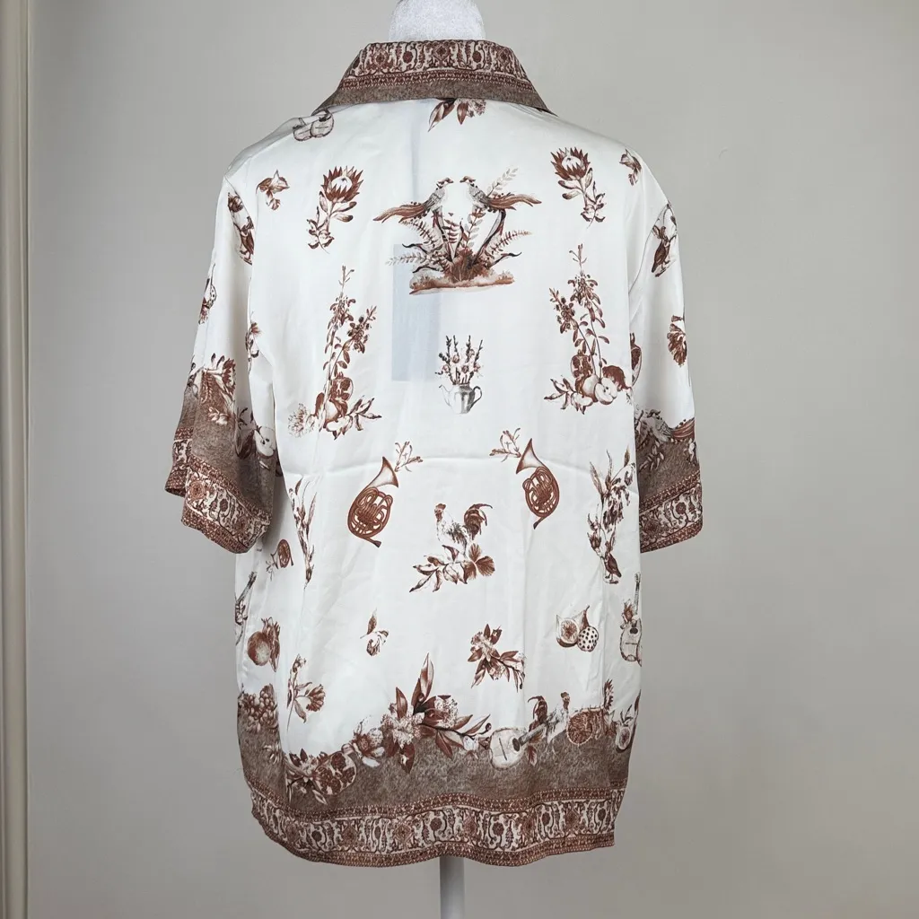 Rachel Zoe Satin Short Sleeve Button Down Collared Blouse Shirt Boho Brown Small - Image 5