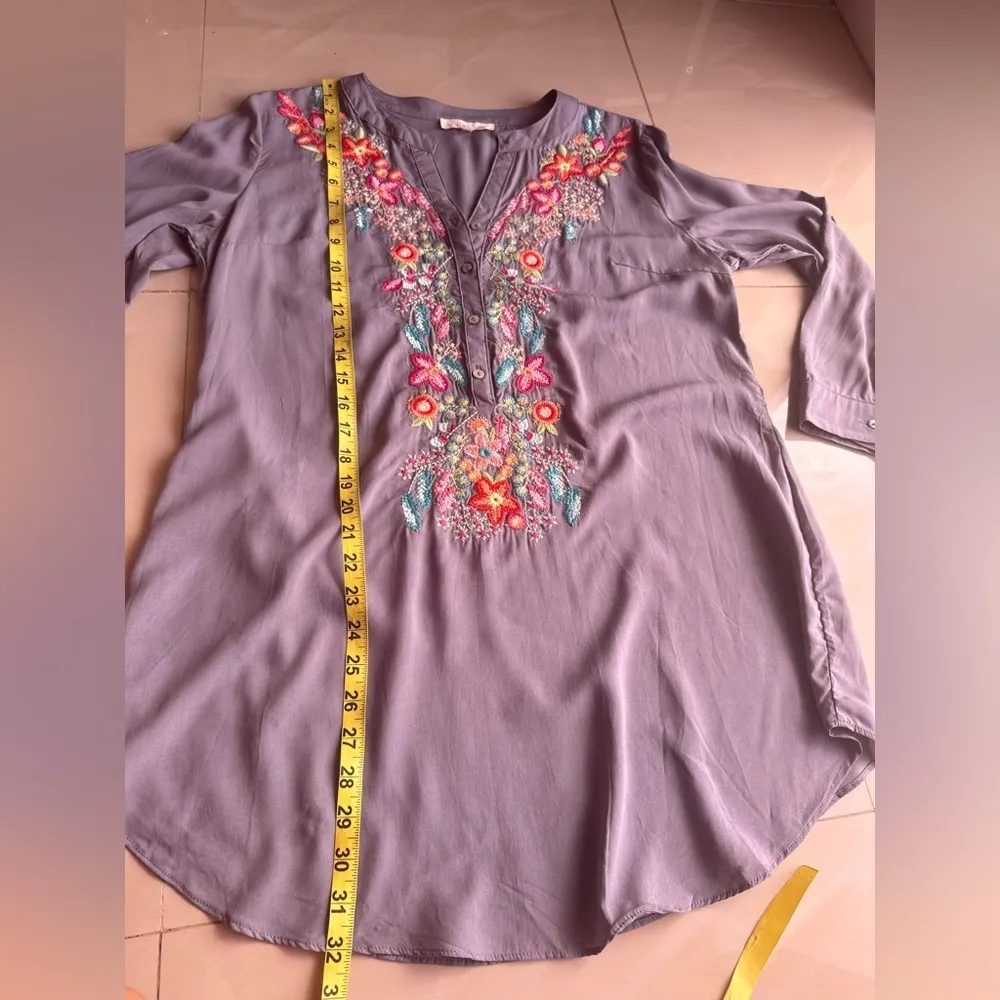 Solitaire Dove Tea Time Garden Tunic top dress gray embroidery colorful size L - Image 11