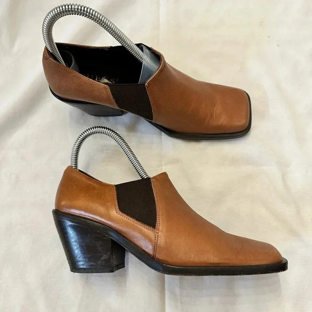 Guess Brown Leather Square Toe Slip On Block Heel Mule Booties Shoes Women’s 5.5 - Image 2