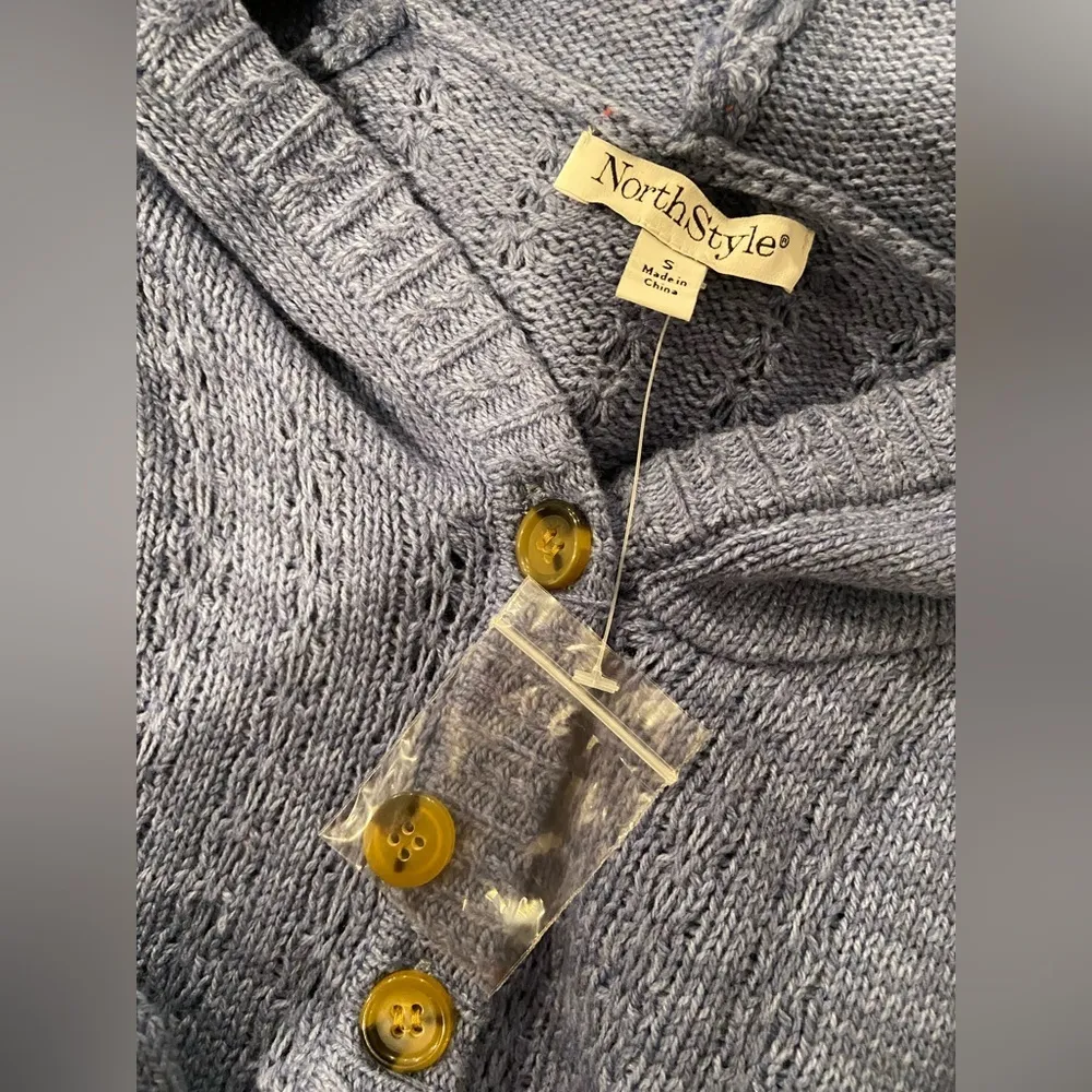 NWT NorthStyle Size S Blue Heather Button Front Hooded Cable Knit Cardigan - Image 8