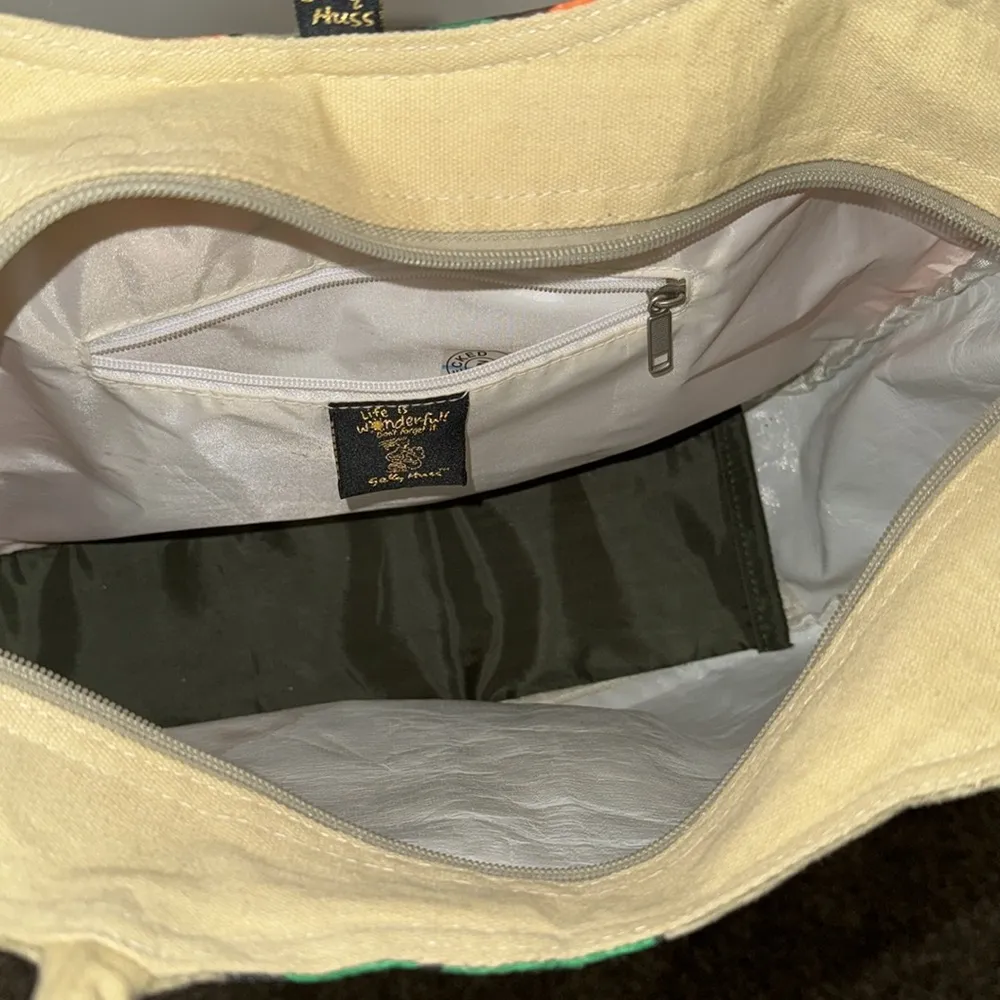 Sally Huss hand painted hand bag tote or beach bag sequined flowers neon bright Tan - Image 7