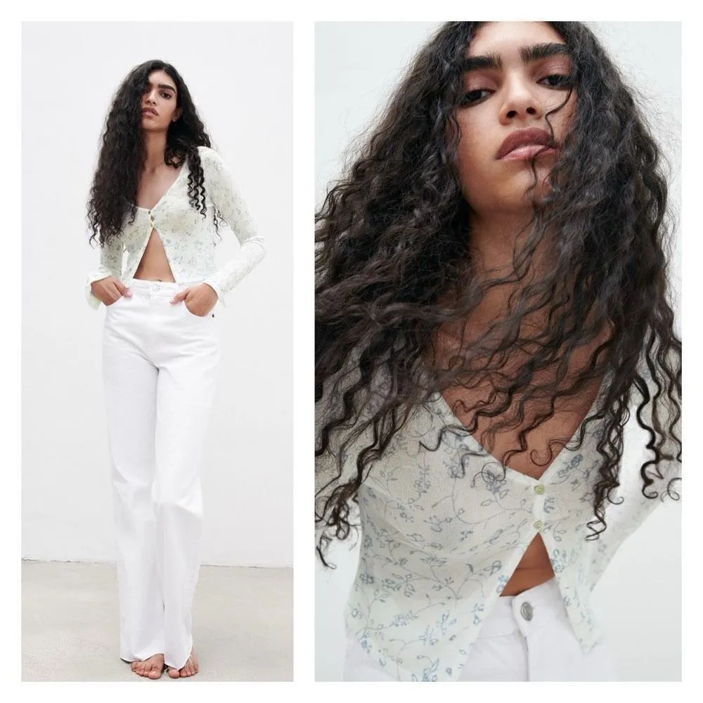 Zara Women's Floral Print Knit V Neck Long Sleeve Crop Top White Blue Size Small - Image 2