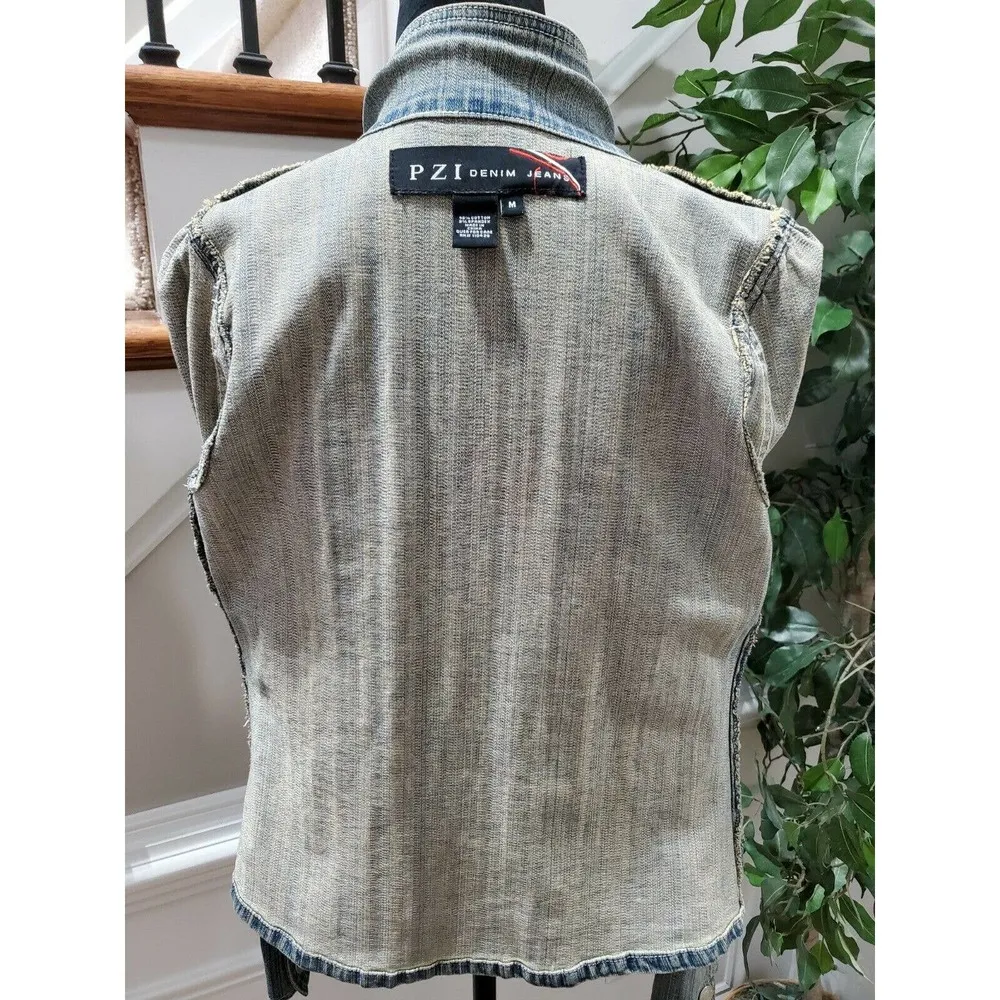 PZI Denim Women Blue Cotton Long Sleeve Buttons Front Jeans Jacket Blazer Size M Size M - Image 8