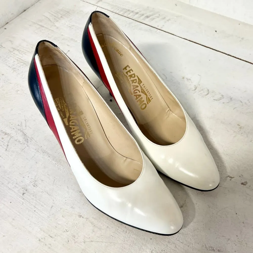 VTG Salvatore Ferragamo Navata Leather Colorblock Slip On Cone Heel Pump 7.5 B - Image 4