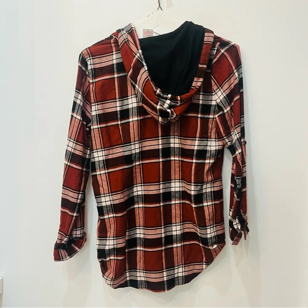 No Boundaries Juniors' Hooded Plaid Flannel Shirt burgundy and black sz XL - Image 3
