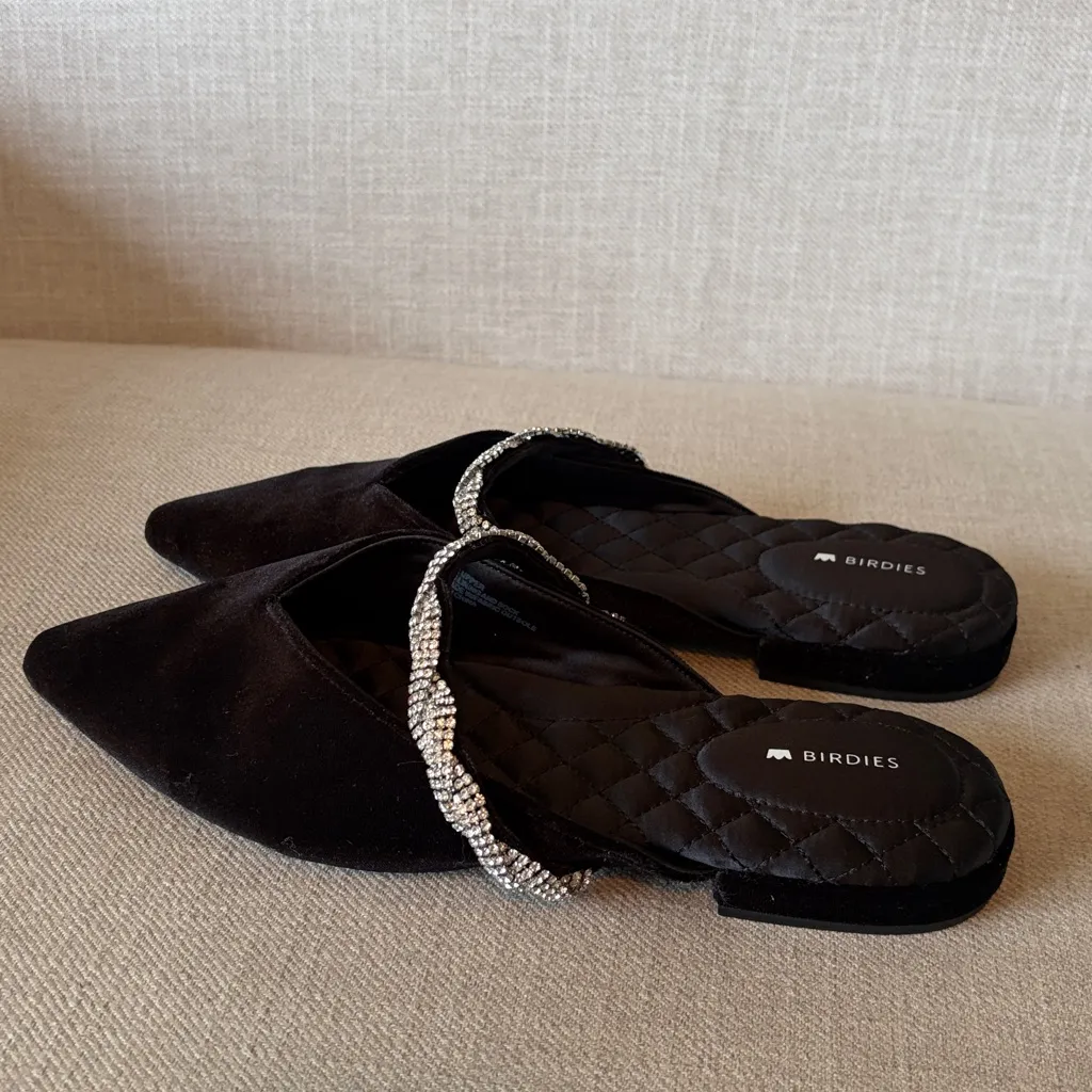 Birdies Size 9.5 Black Velvet Rhinestone Braid Flat Almond Toe Swan Mules - Image 13