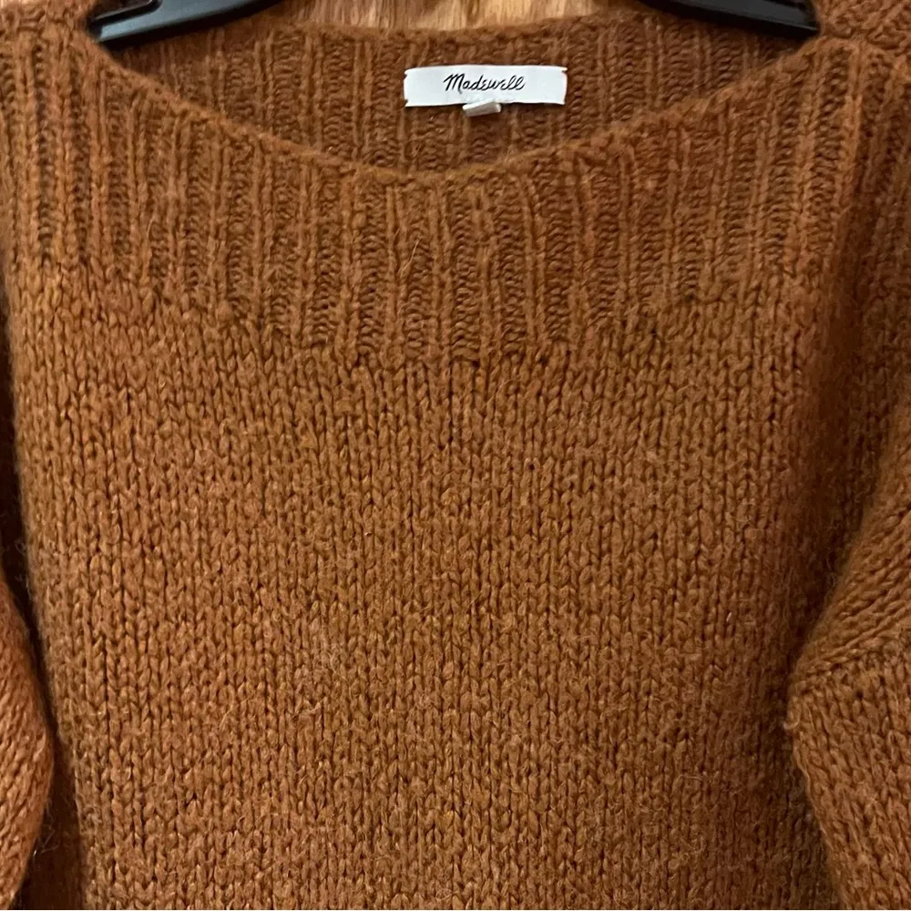Madewell Cable-Sleeve Boatneck Boxy Cropped Wool Sweater in Saddle Brown Size XS - Image 6