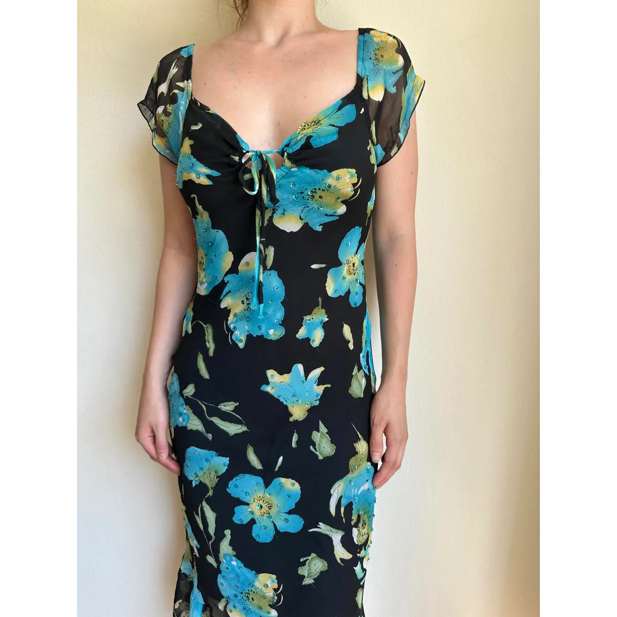 Gorgeous Vintage Blue and Black Floral Sparkly Milkmaid Dress Size M - Image 2