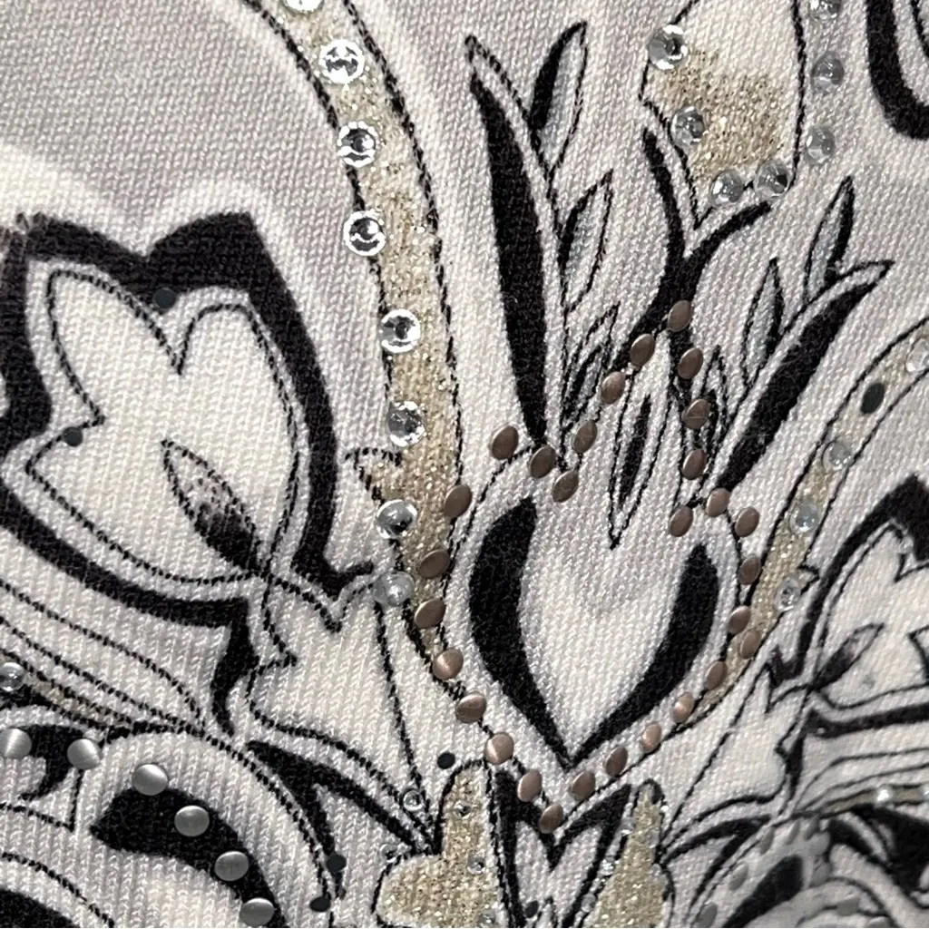 White House Black Market Black/Gray/Light Gold on White Floral Cardigan—Size XS - Image 6