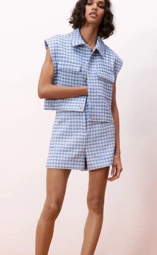 Zara Textured Tweed Weave Vest w/ Silver Buttons Blue/White Size S NWT - Image 15