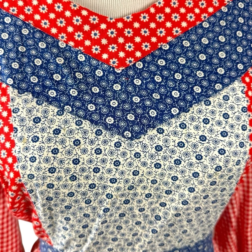 Vintage 70s Handmade Patchwork Picnic Prairie Dress Red Blue Gingham Medium - Image 5