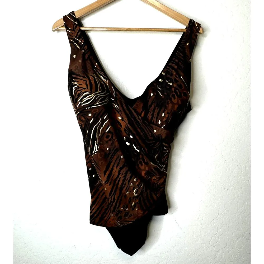 Sirena Beachwear Swimwear Size 22W One Piece with Scarf Cover Skirt Animal Print Brown - Image 2