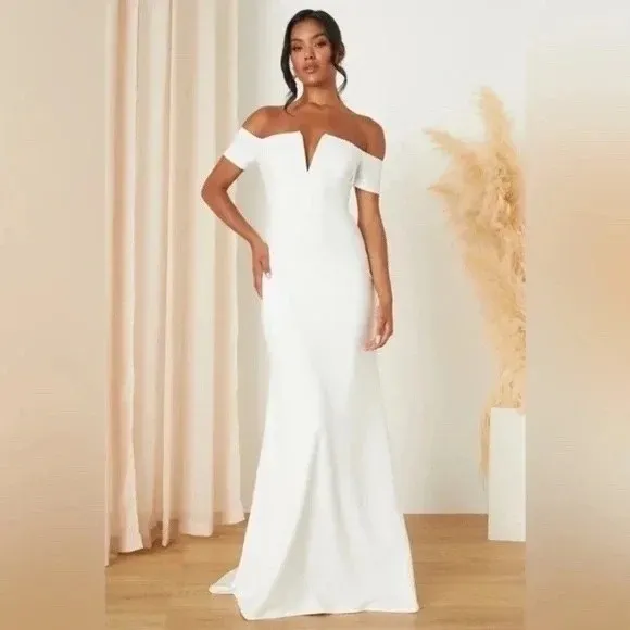 Lulus XS White Off Shoulder Maxi Dress Formal Wedding Guest Evening Gown - Image 11