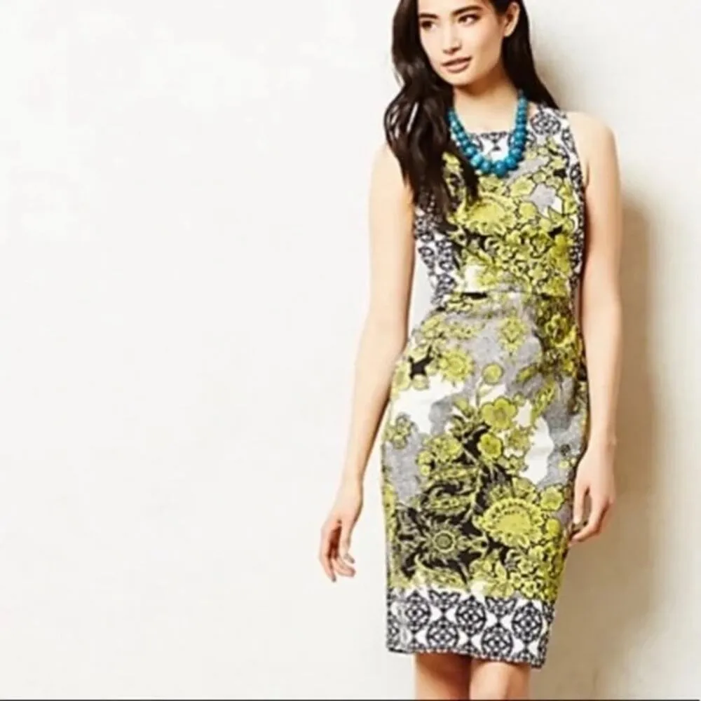 Anthropologie Aires Floral Dress 8 Fitted Shift Green Yellow Weston Wear Cotton - Image 3