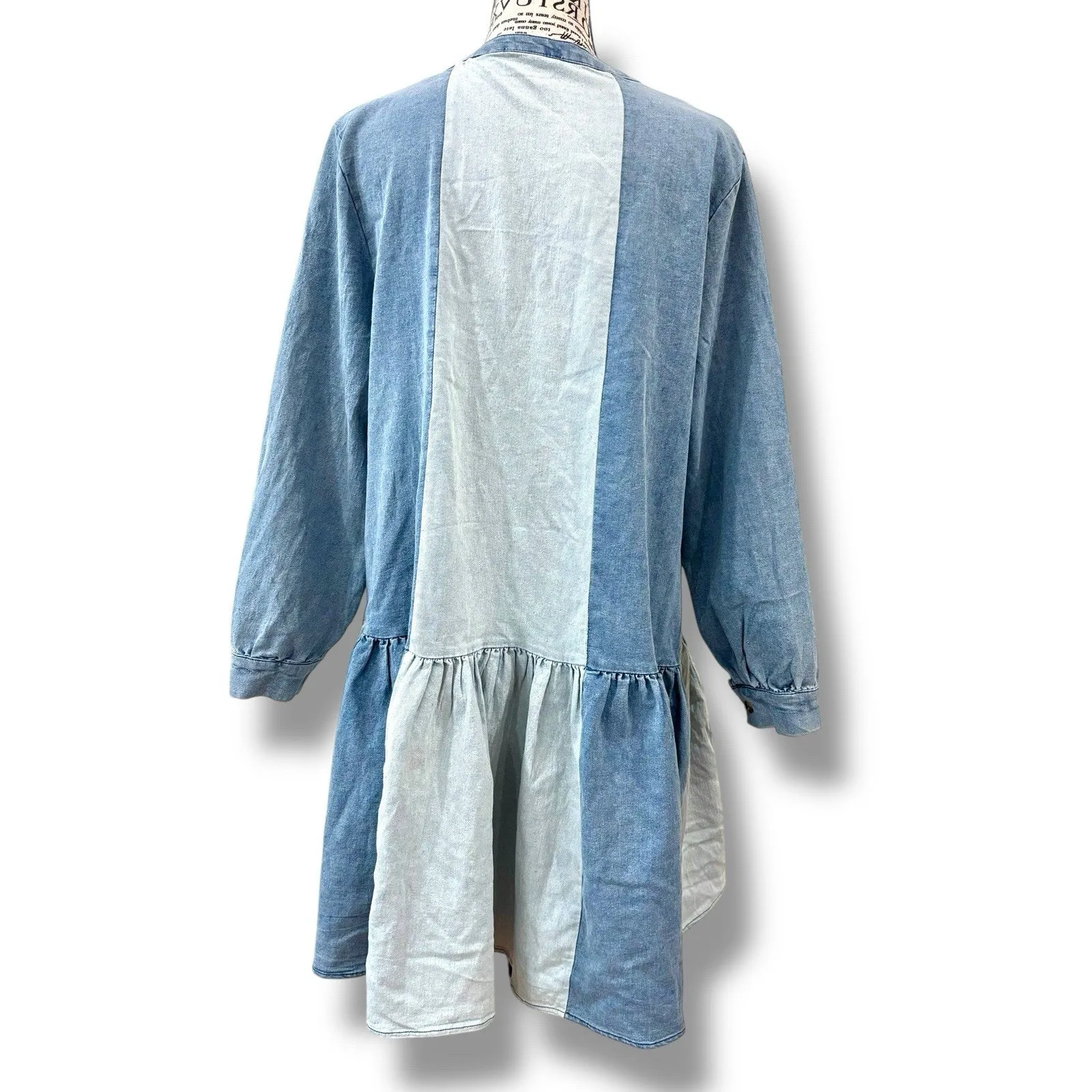 Entro Size L Blue Cotton Chambray Shirt Dress Pockets Color Block - Image 6