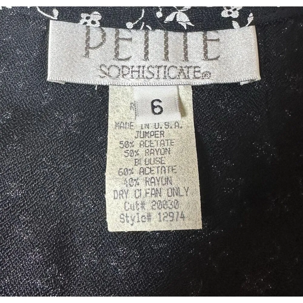 Vtg 80s 90s Petite Sophisticate Black Floral Pinafore Dress Jumper & White Shirt - Image 15