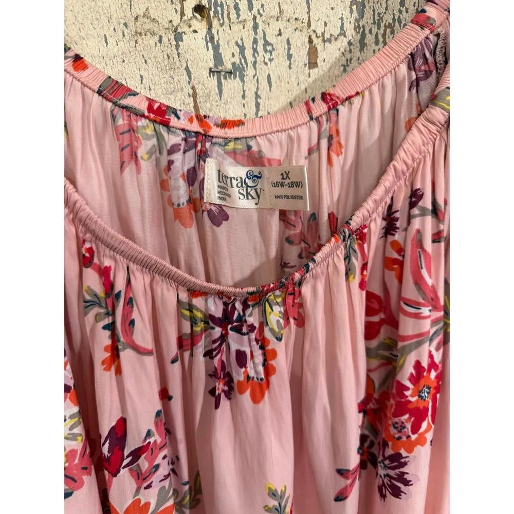 Terra and Sky Women's Top, Pink floral size 1X 16-18W - Image 3