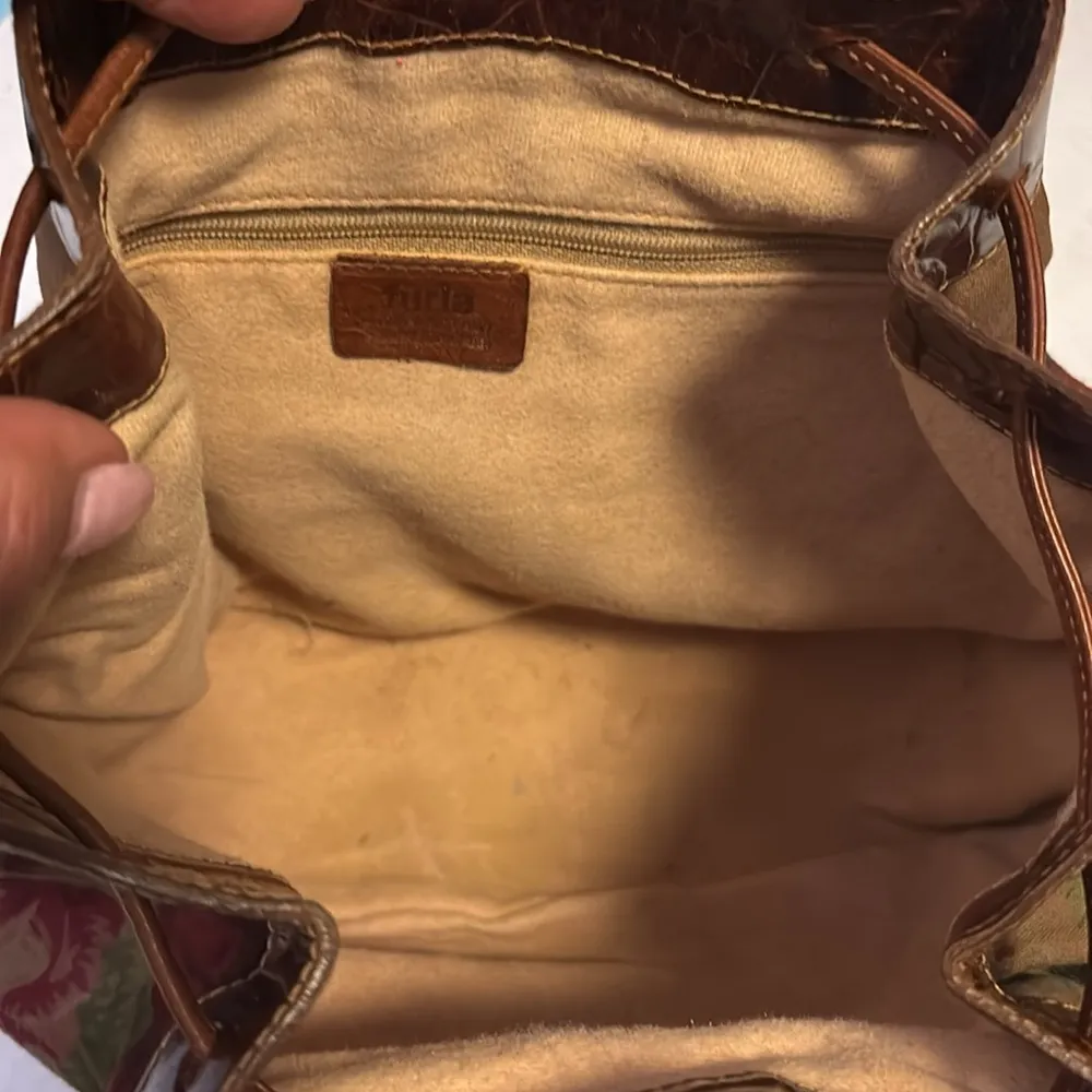 FURLA BRAND DARK TAN FLORAL CLOTH BUCKET LSTYLE BAG WITH LEATHER TIE CLOSURE❤️ - Image 6