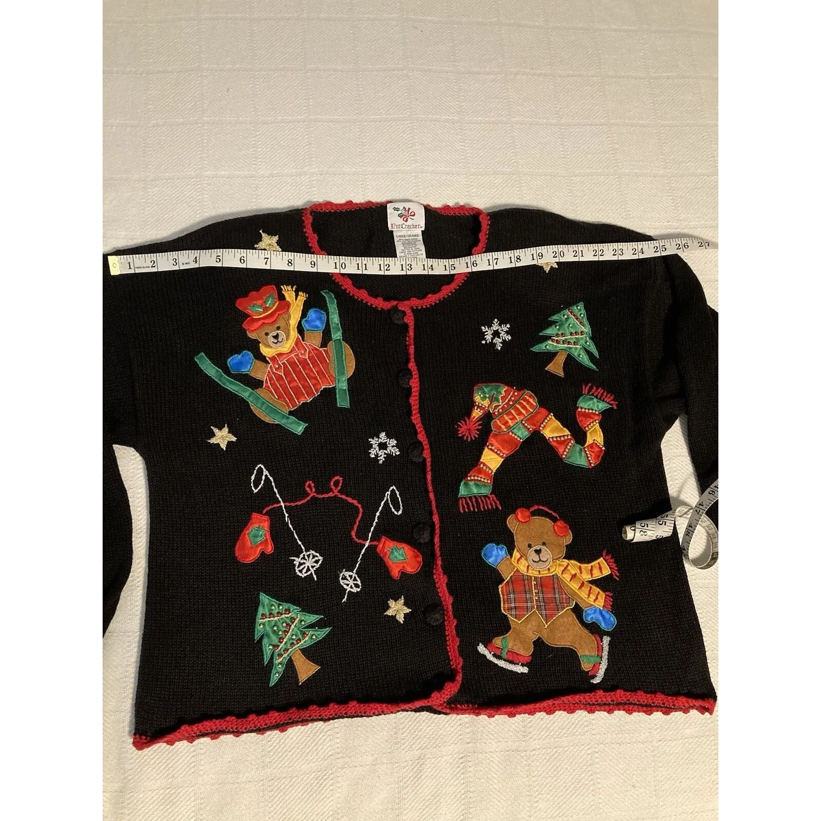 Embroidered Nutcracker Christmas Cardigan L Ugly Sweater Granny Black Vintage Size L - Image 3